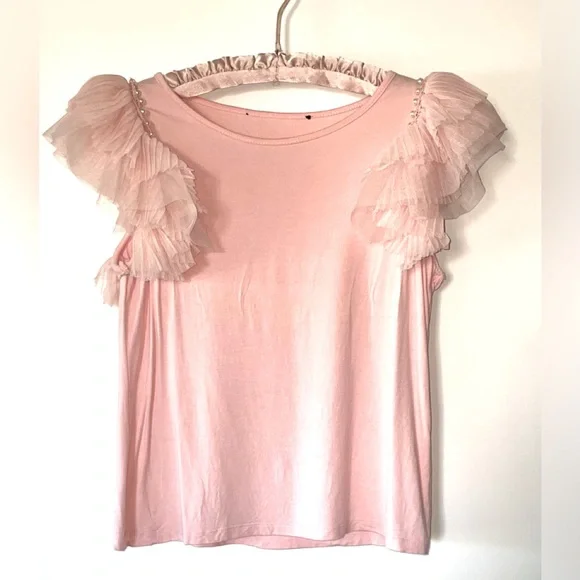 LAST SALE PRICE TOP FROTHY PLEATED LAYERS TULLE SLEEVE ROSE SIZE SMALL STRETCH - Picture 3 of 13